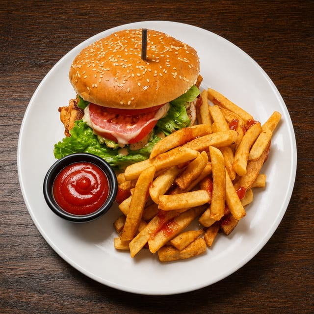 Sándwich De Pollo Con Papas Fritas / Chicken Sandwich with Fries.